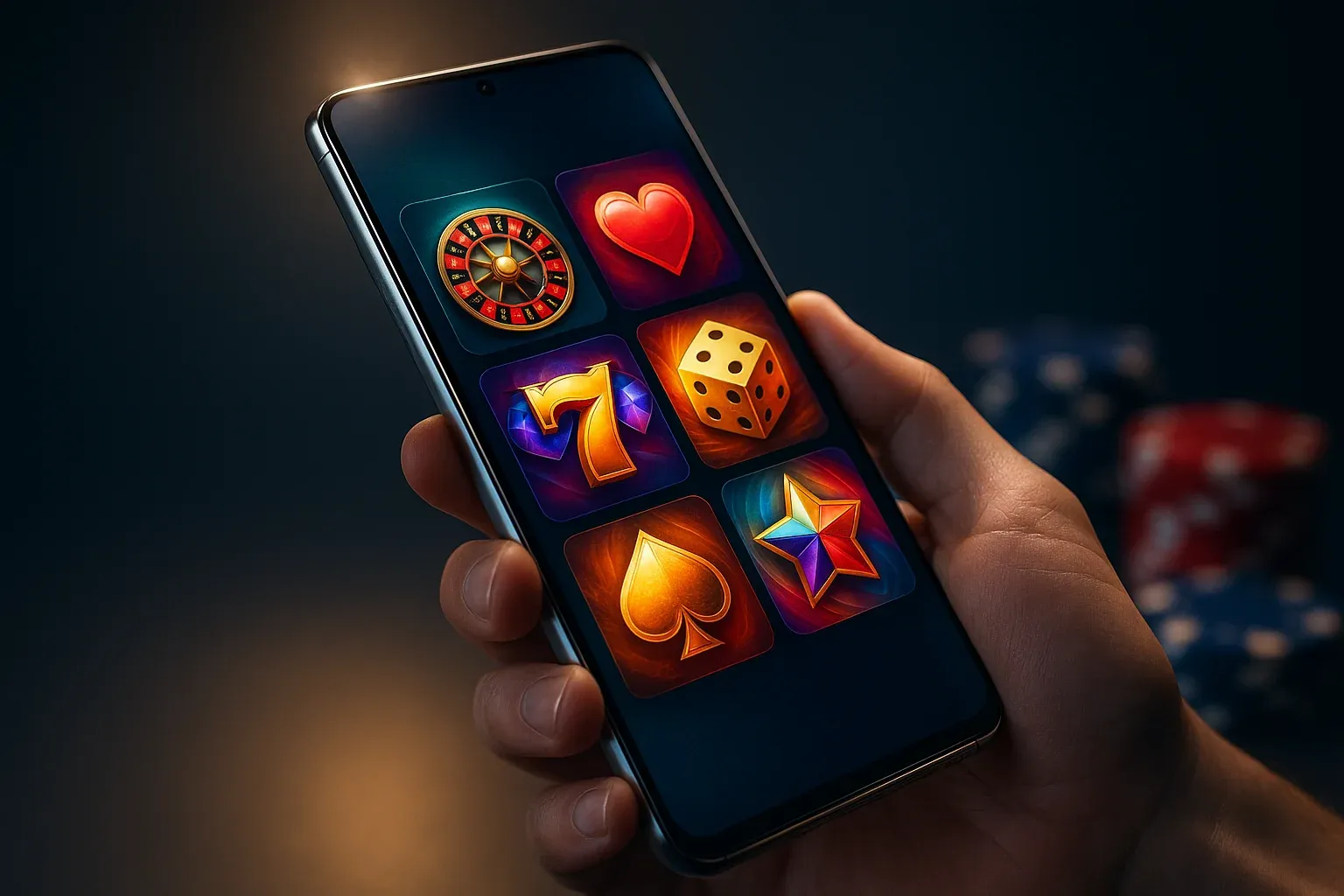 Sleek Android smartphone showing vivid casino app interface with blurred chips