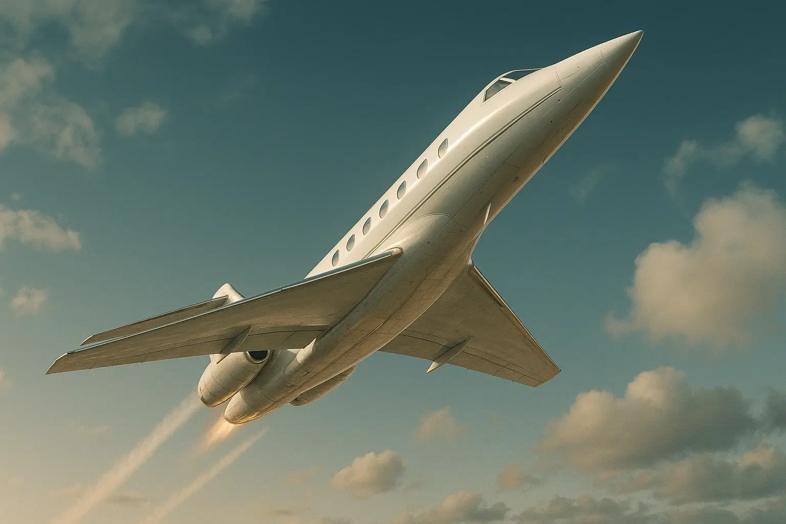 Hyperrealistic white jet climbing steeply in deep blue sky with trails