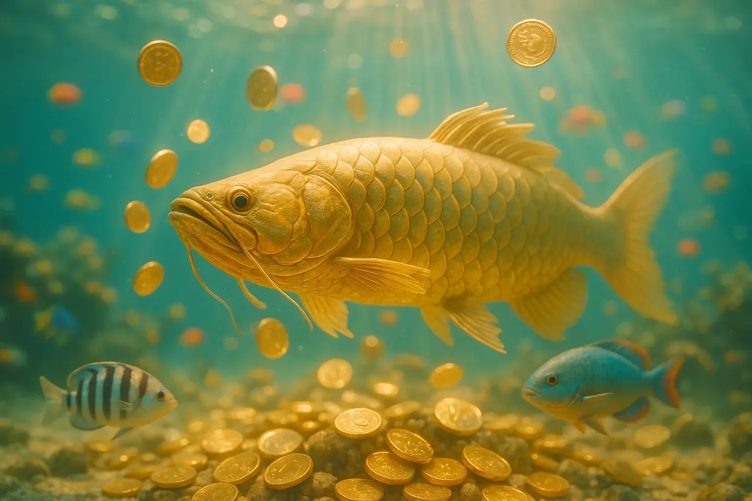 Hyperrealistic underwater golden dragon fish surrounded by glowing coins and treasure