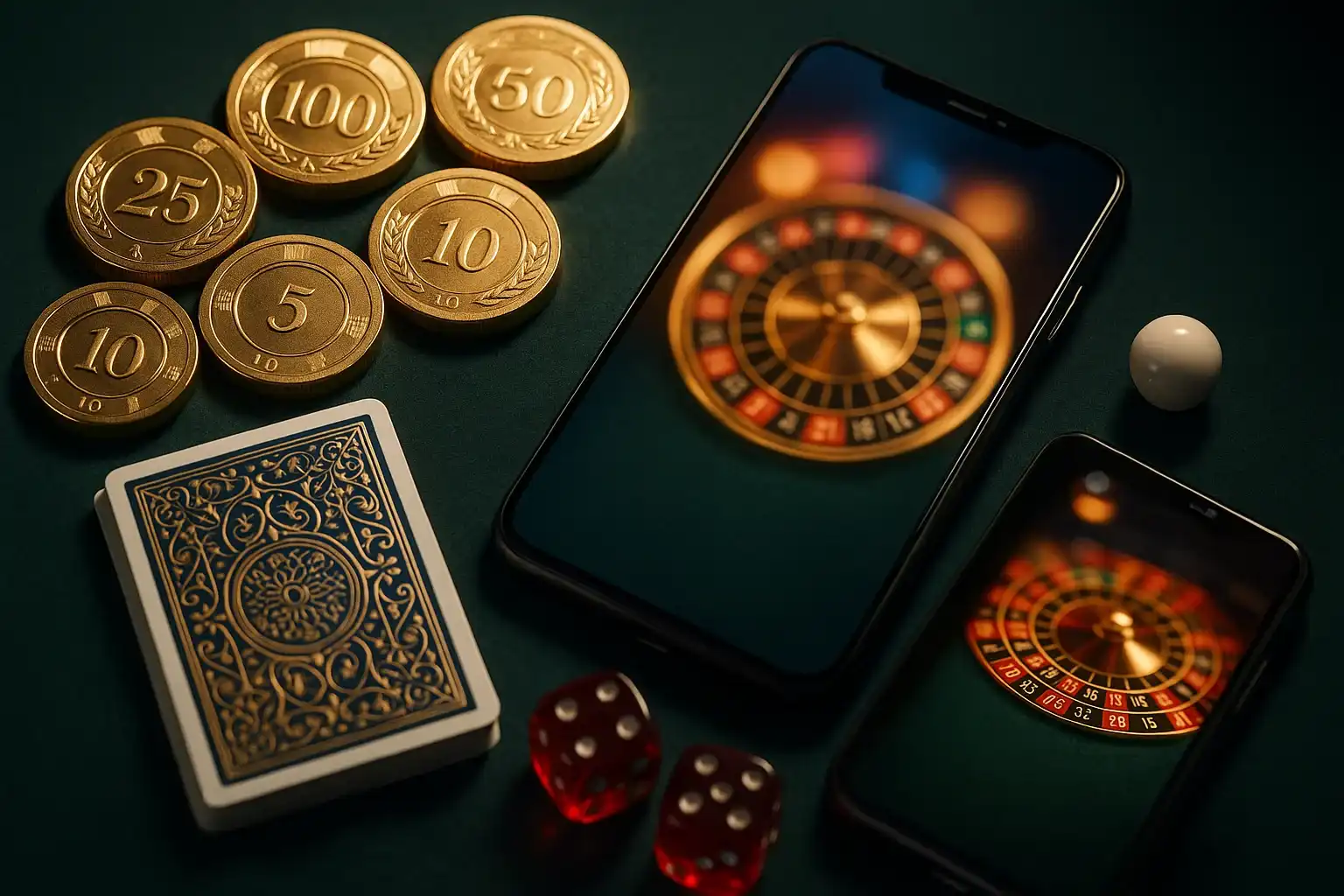 Top-down premium casino table with gold chips, cards, dice, roulette ball, smartphone