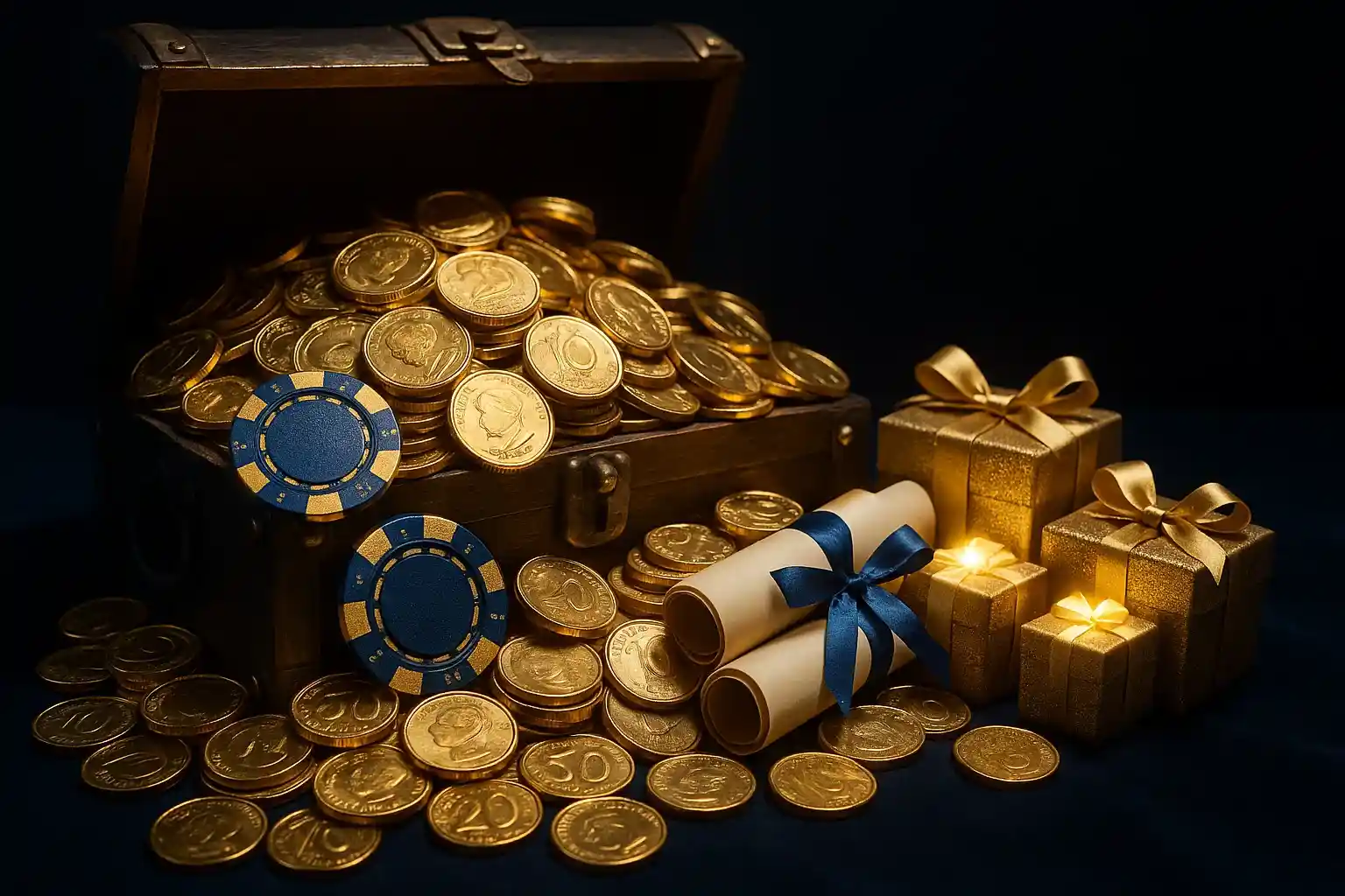 Overflowing treasure chest with gold coins, casino chips, vouchers, and gift boxes