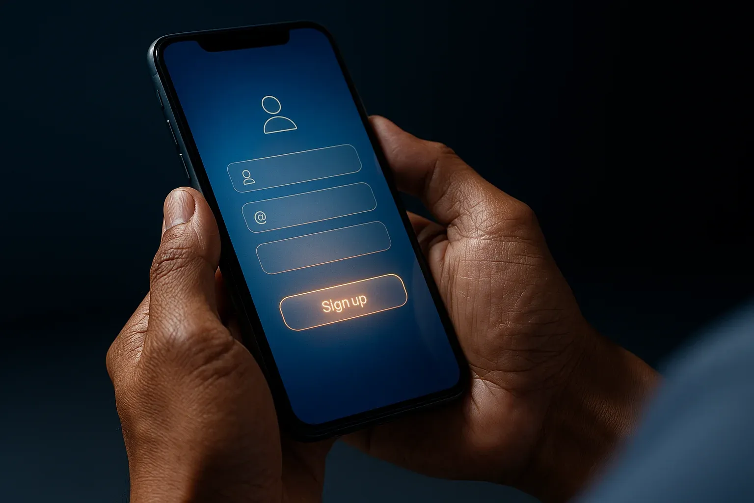 Filipino man hands holding smartphone with blurred registration form interface