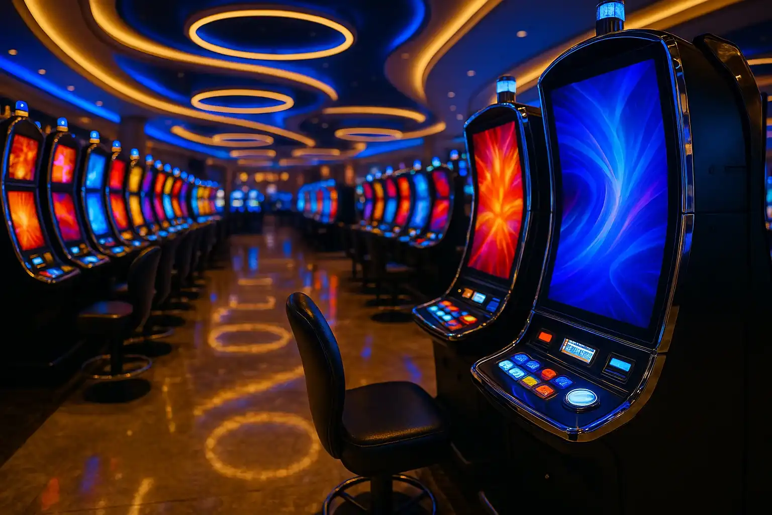 Hyperrealistic wide shot of Manila casino slots floor with blue gold lighting