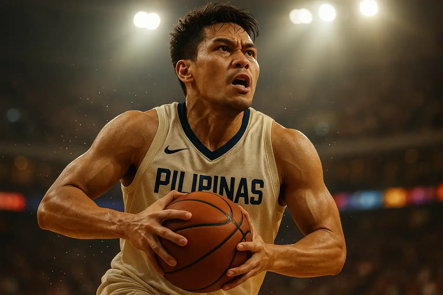 Filipino PBA basketball player mid-air driving to basket, cinematic close-up